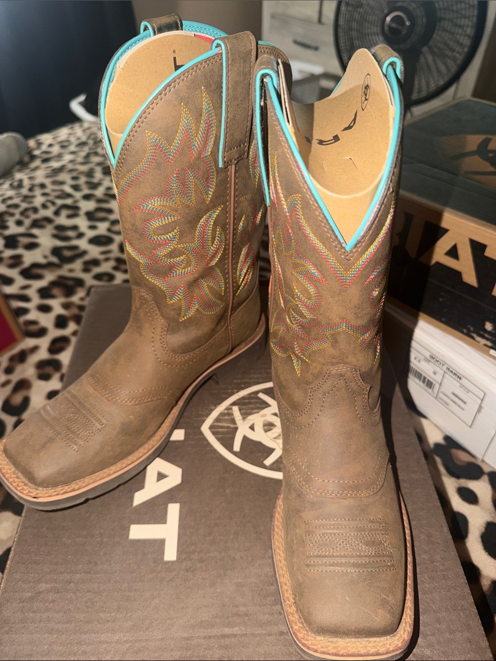 Ariat Brown Leather Western Lace-Up Boots with Turquoise Trim.